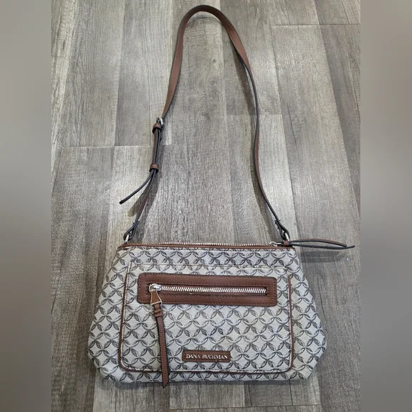 Dana Buchman Crossbody Bag Canvas Monogram Tan Preppy Classy Abstract Equestrian - Picture 7 of 14